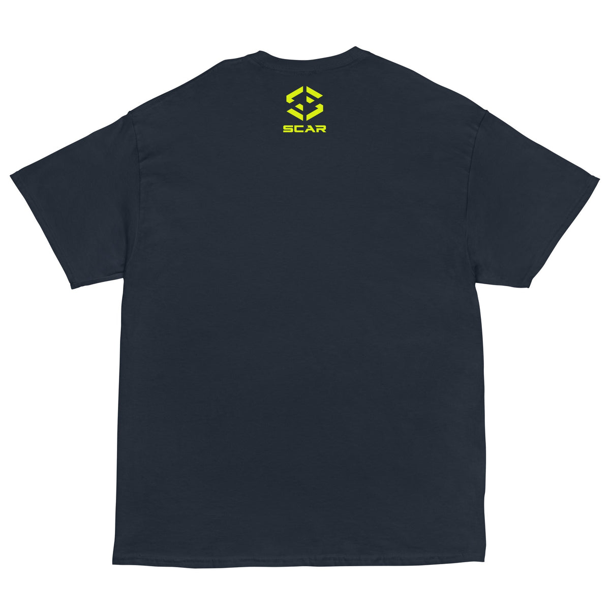 Navy T-shirt with yellow SCAR logo on back