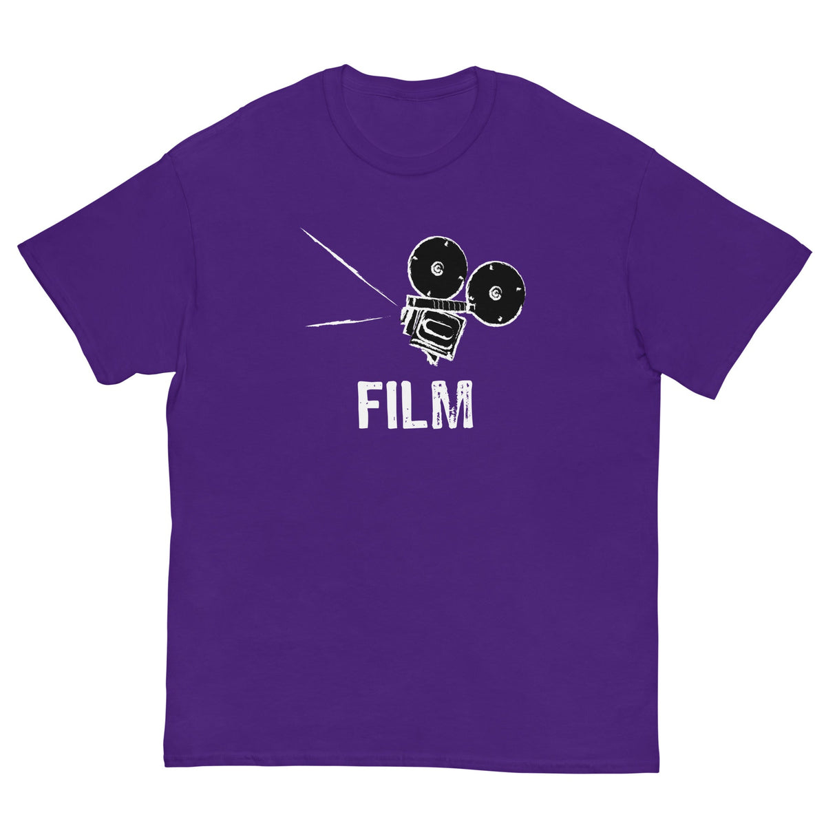 Purple film camera graphic T-shirt with white FILM text and camera icon