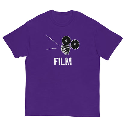 Purple film camera graphic T-shirt with white FILM text and camera icon