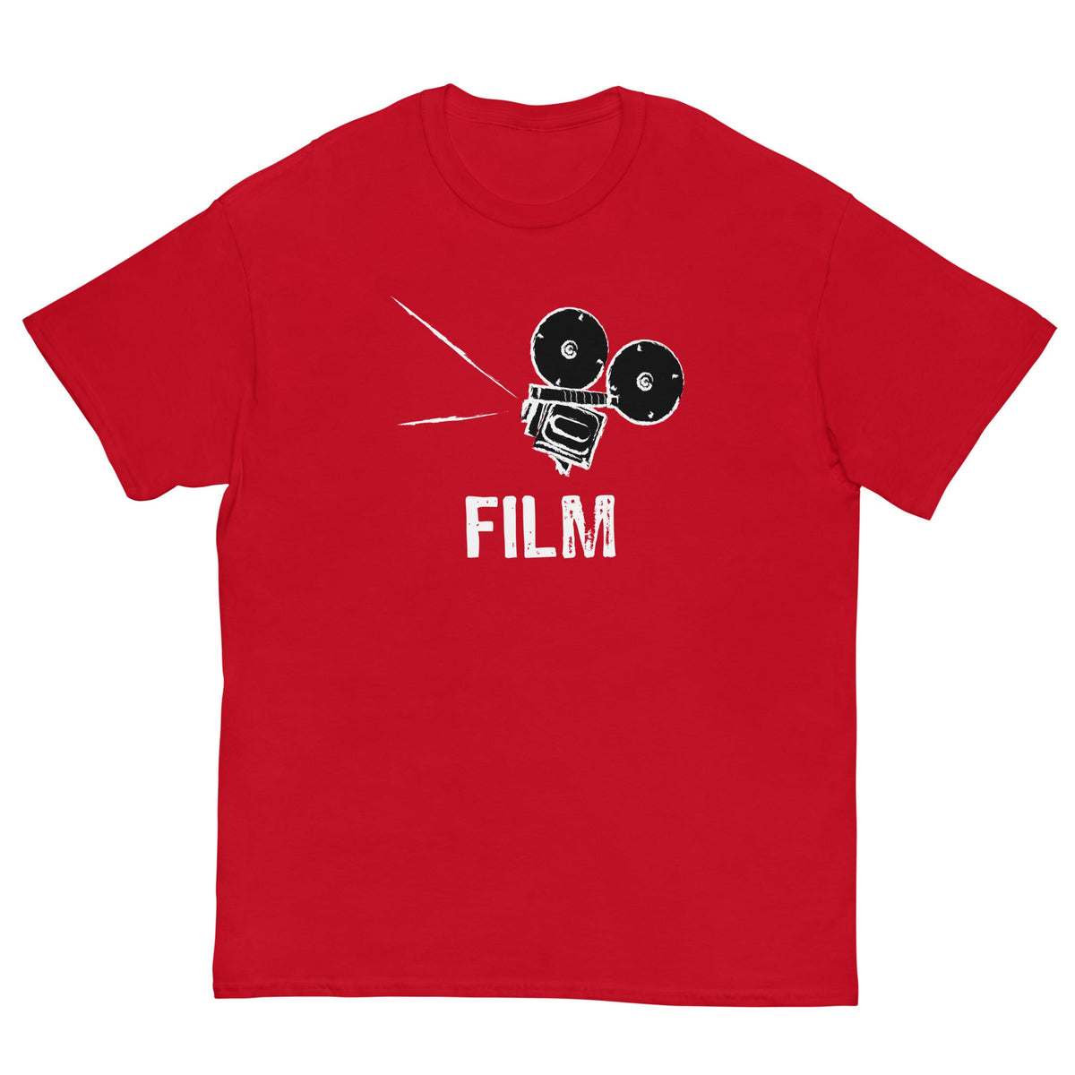 Red film camera graphic T-shirt with white FILM text and camera icon