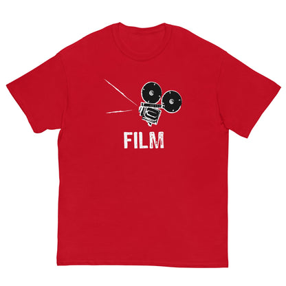Red film camera graphic T-shirt with white FILM text and camera icon