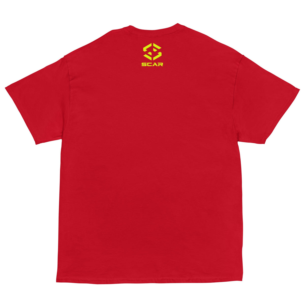 Red T-shirt with yellow SCAR logo on back