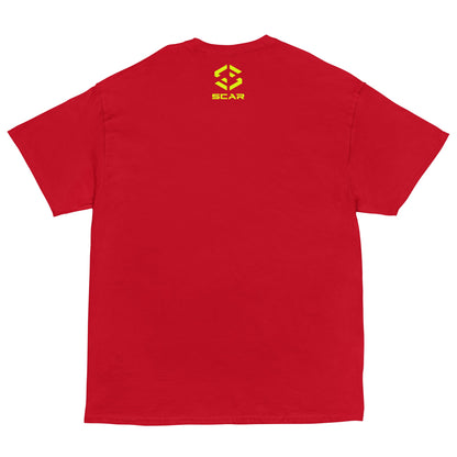 Red T-shirt with yellow SCAR logo on back