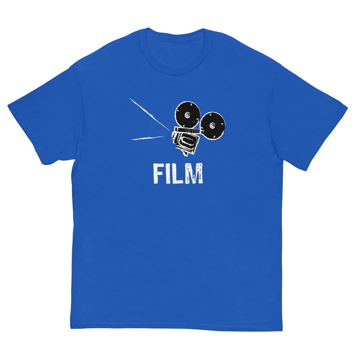 Royal blue film camera graphic T-shirt with white FILM text and camera icon