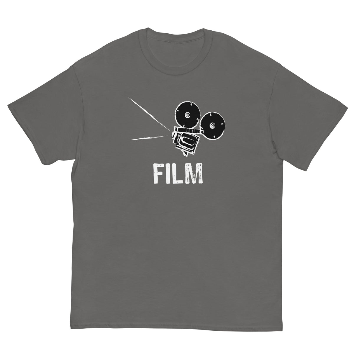 Charcoal film camera T-shirt with 'FILM' graphic on front.