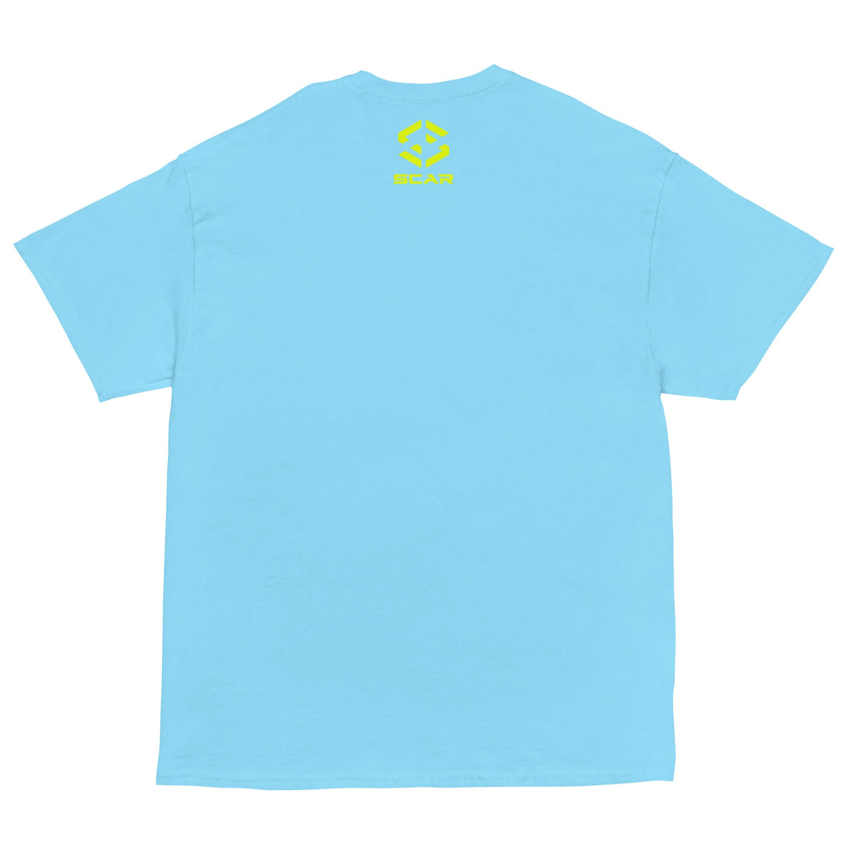Light blue T-shirt with SCAR logo on back.