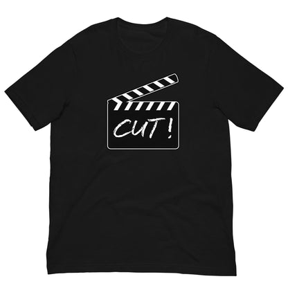 Black T-shirt with film clapper “CUT!” graphic on the chest.
