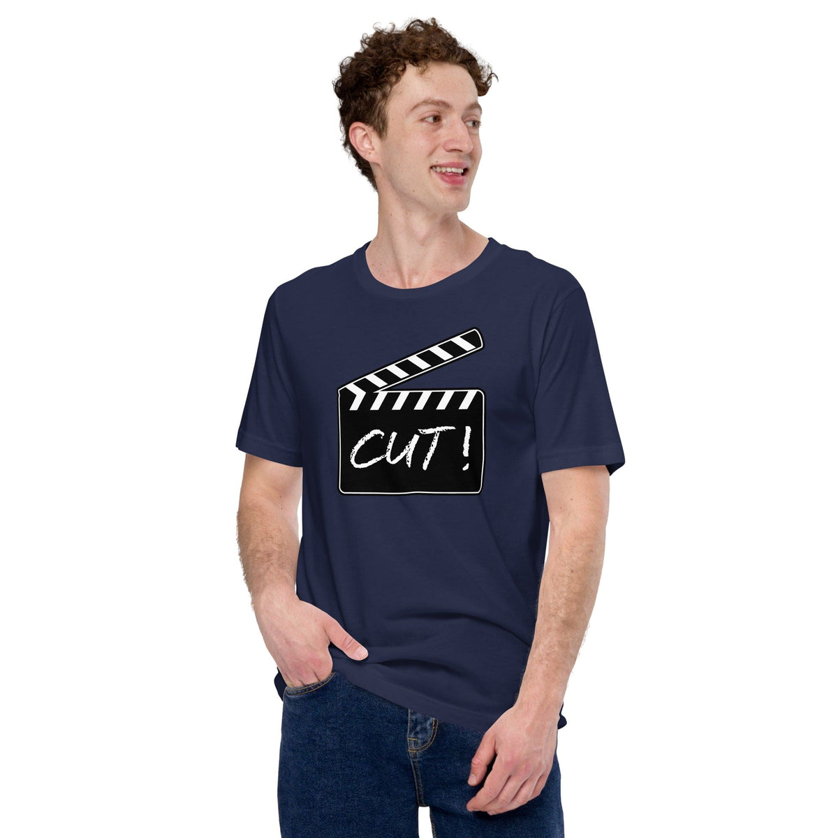 Navy T-shirt with film clapper “CUT!” graphic on the chest.
