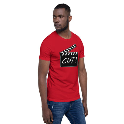 Red T-shirt with film clapper graphic and 'CUT!' print