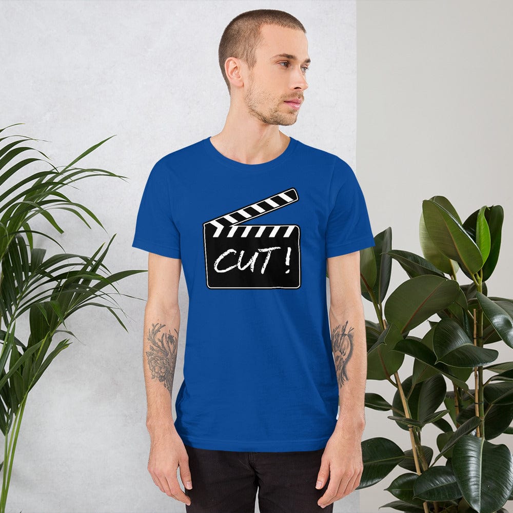 Blue T-shirt with film clapper graphic and 'CUT!' print