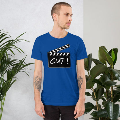 Blue T-shirt with film clapper graphic and 'CUT!' print