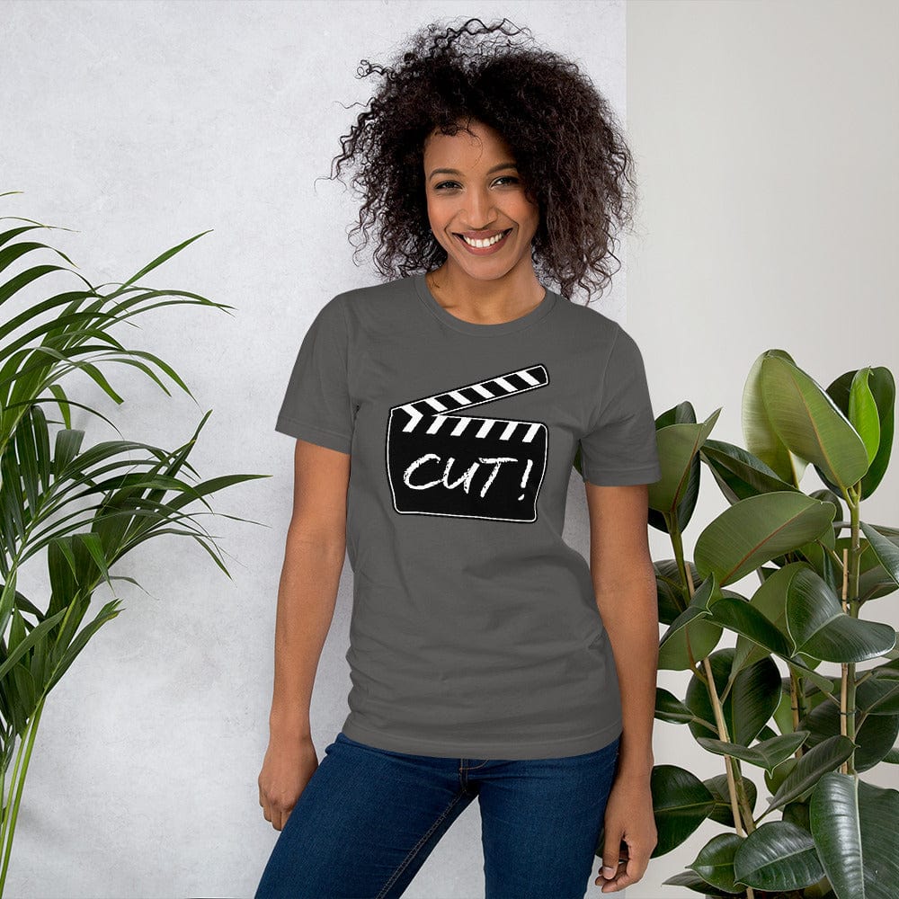 Gray T-shirt with film clapper “CUT!” graphic on the chest.
