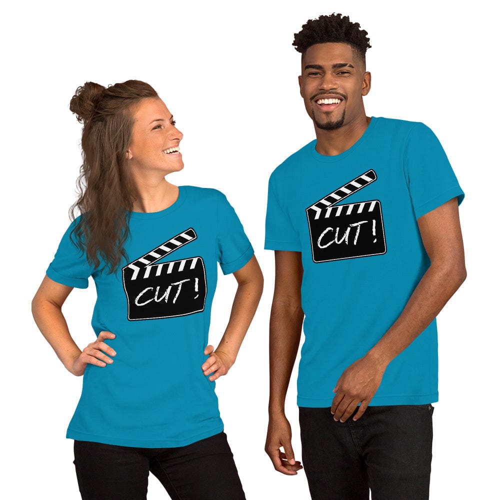 Blue T-shirt with film clapper “CUT!” graphic on the chest.
