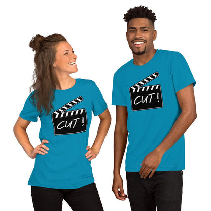 Blue T-shirt with film clapper “CUT!” graphic on the chest.