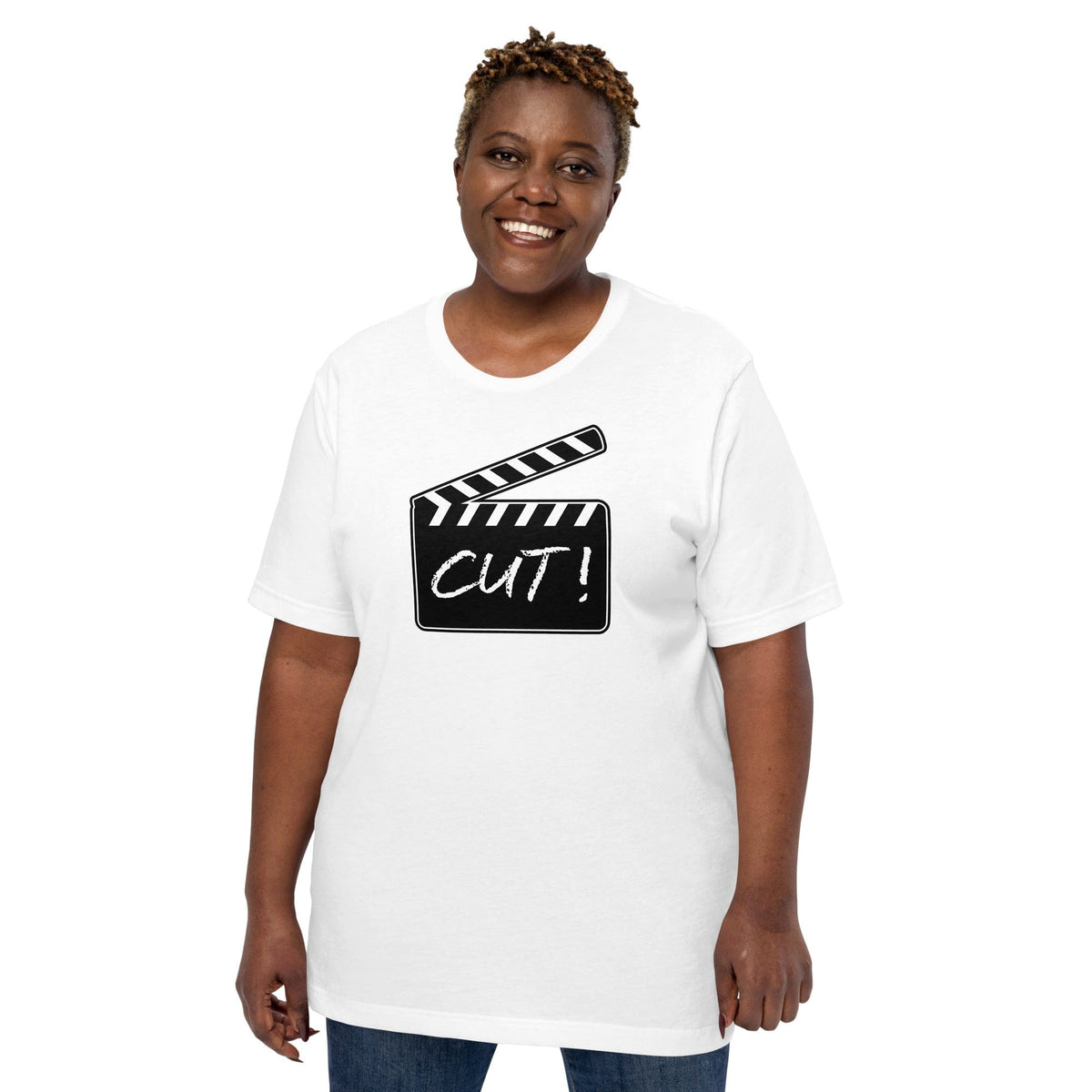 White T-shirt with film clapper “CUT!” graphic on the chest.