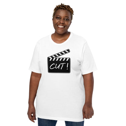 White T-shirt with film clapper “CUT!” graphic on the chest.