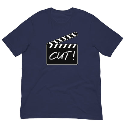 Navy T-shirt with film clapper graphic and 'CUT!' print