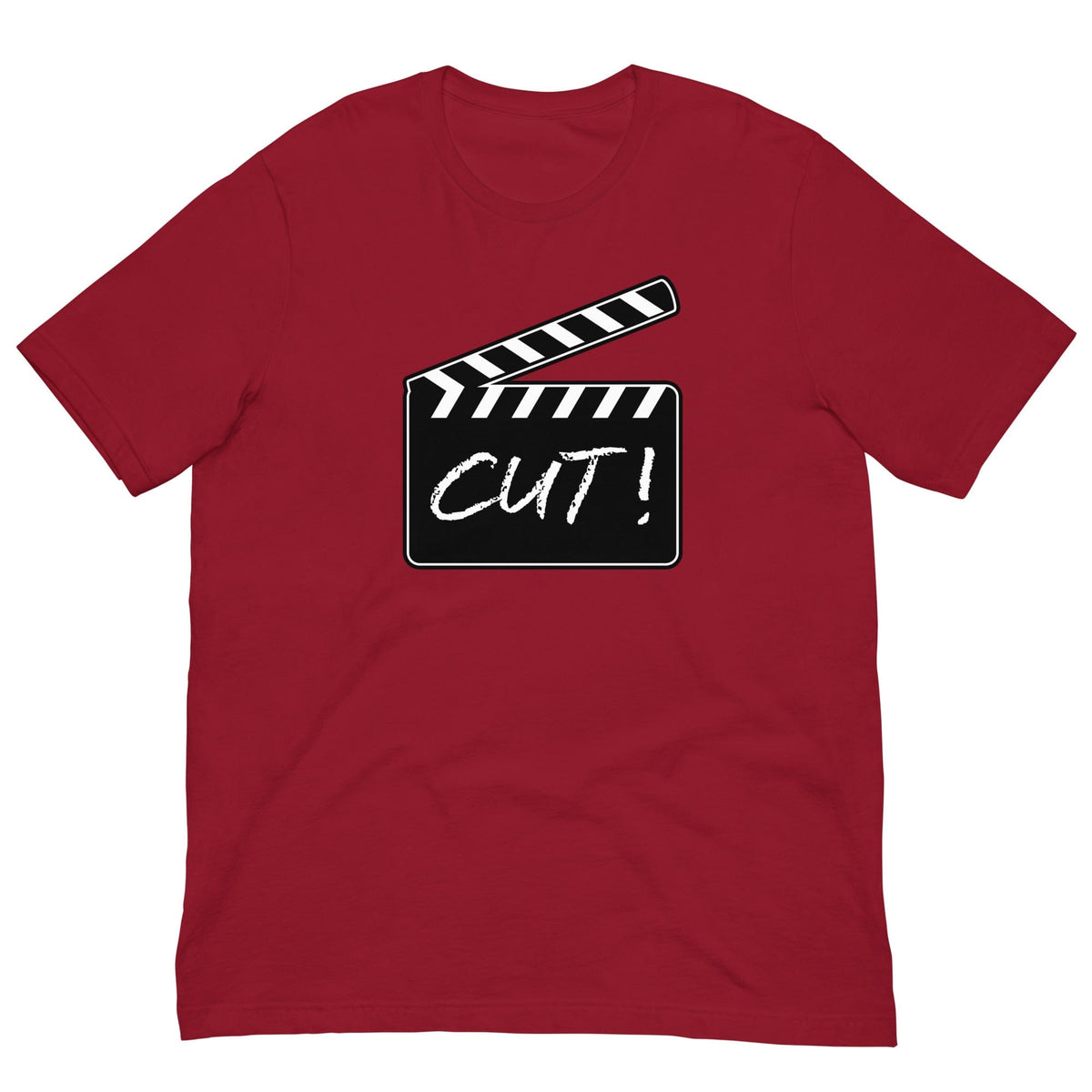 Red T-shirt with film clapper graphic and 'CUT!' print