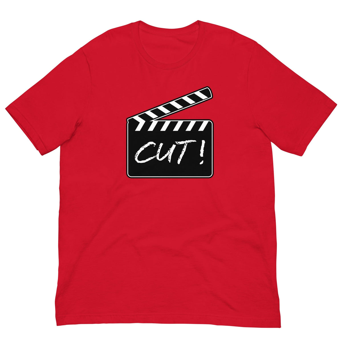 Red T-shirt with film clapper graphic and 'CUT!' print
