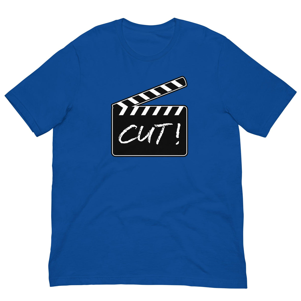 Blue T-shirt with film clapper graphic and 'CUT!' print