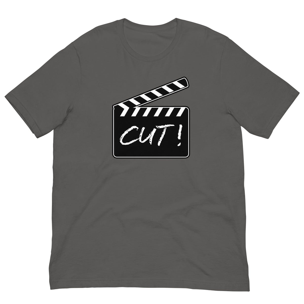Gray T-shirt with film clapper graphic and 'CUT!' print