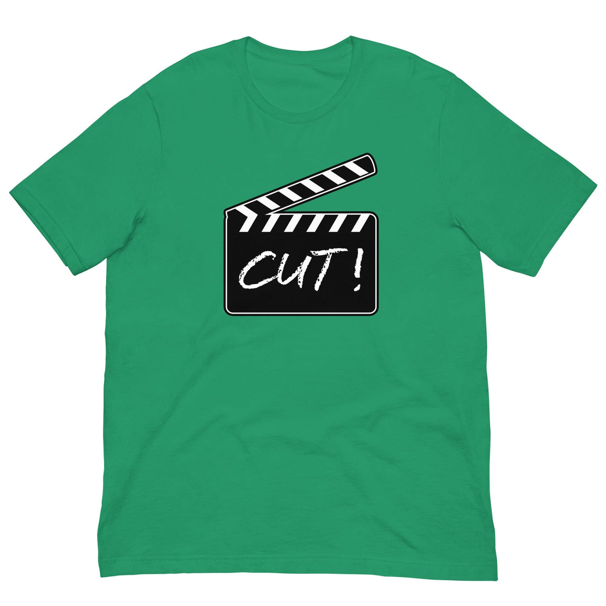 Green T-shirt with film clapper graphic and 'CUT!' print
