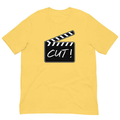 Yellow crew-neck T-shirt with film clapper “CUT!” graphic on chest
