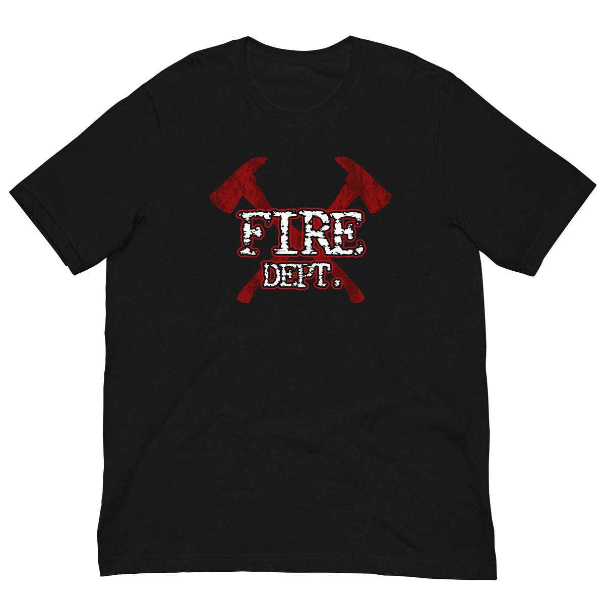 Black firefighter axes T-shirt with red crossed axes and white “FIRE DEPT.” print