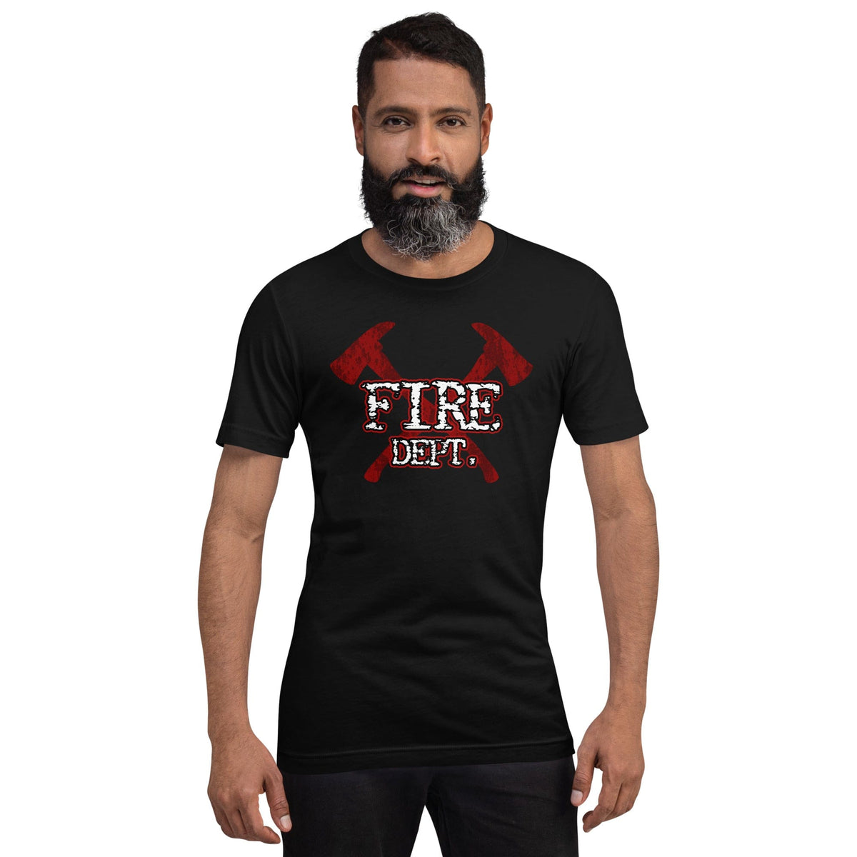 Black firefighter axes T-shirt on model with red crossed axes and white “FIRE DEPT.” text