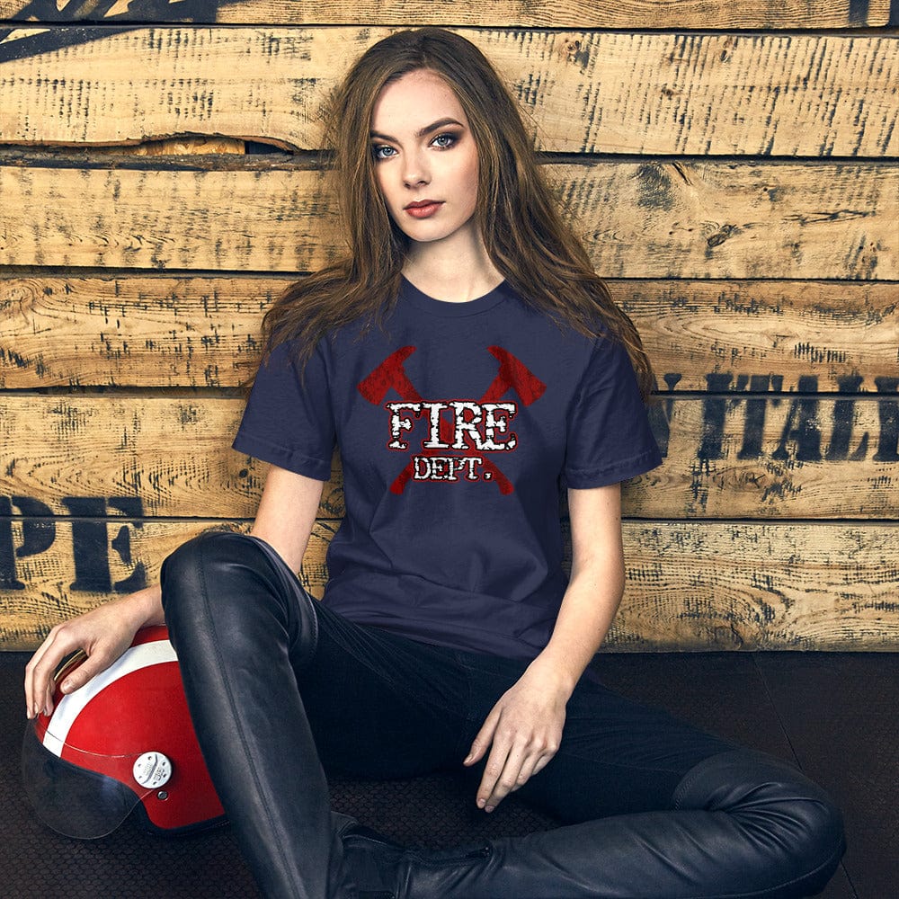 Navy firefighter axes T-shirt with red crossed axes and white “FIRE DEPT.” logo