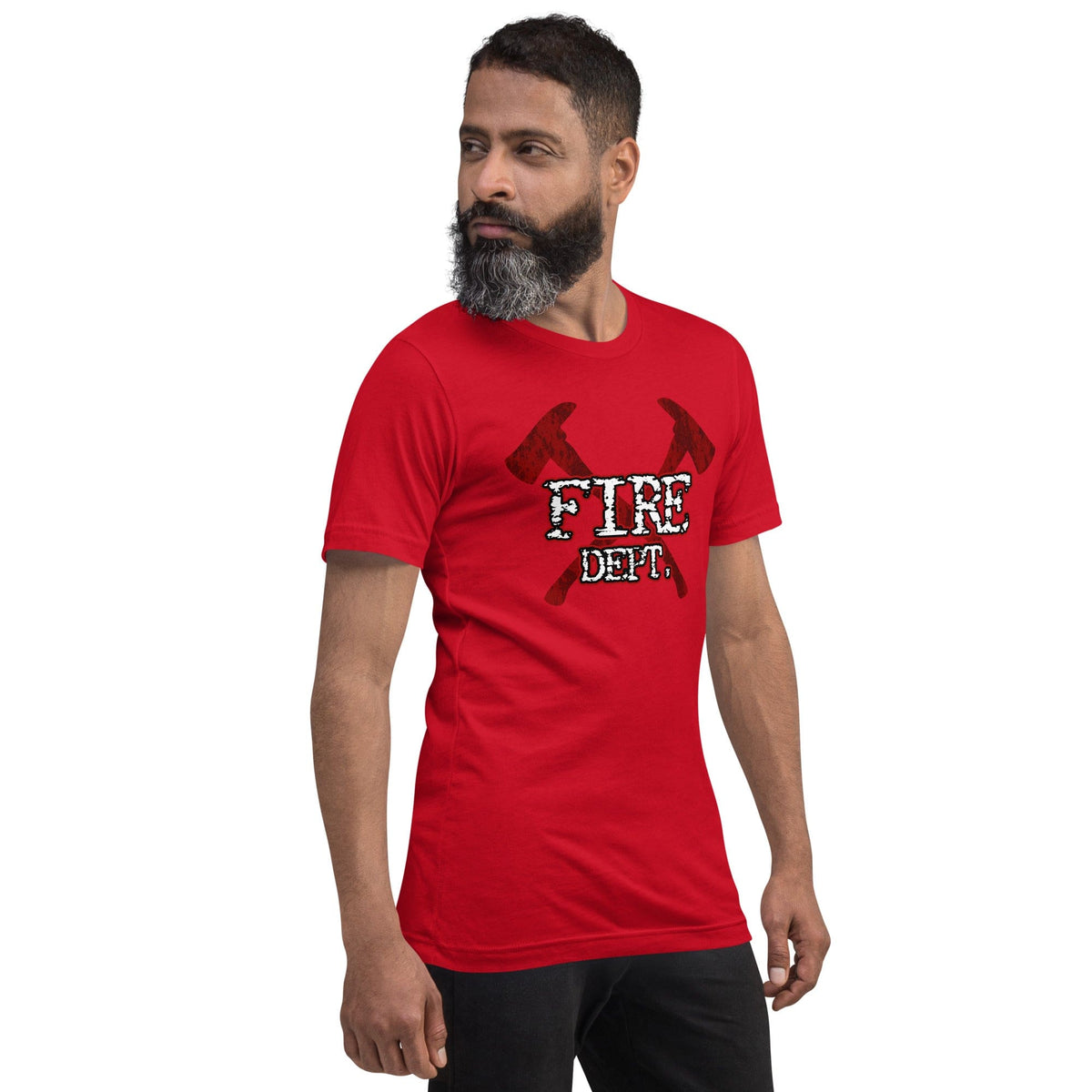 Red firefighter axes T-shirt with dark red crossed axes and white “FIRE DEPT.” print