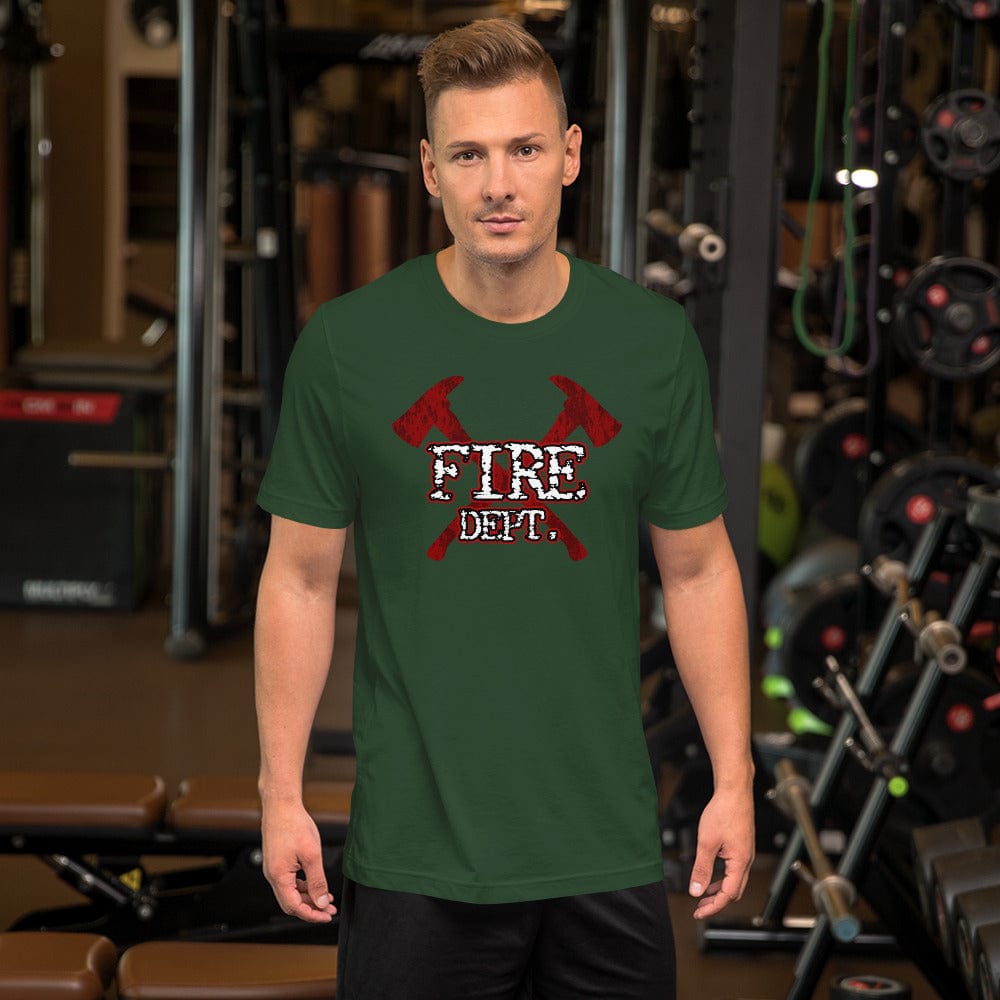 Forest green firefighter axes T-shirt with red crossed axes and white “FIRE DEPT.” graphic