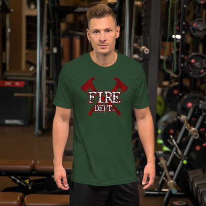Forest green firefighter axes T-shirt with red crossed axes and white “FIRE DEPT.” graphic