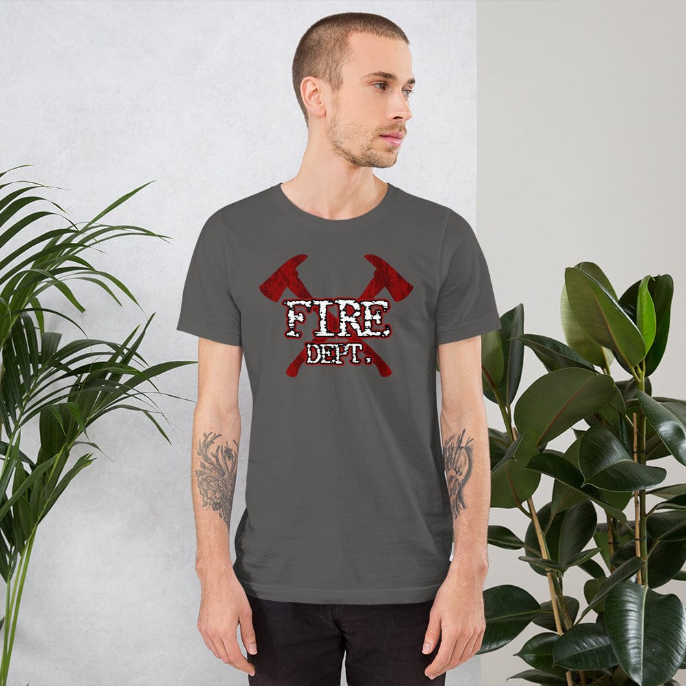 Asphalt gray firefighter axes T-shirt with red crossed axes and white “FIRE DEPT.” logo