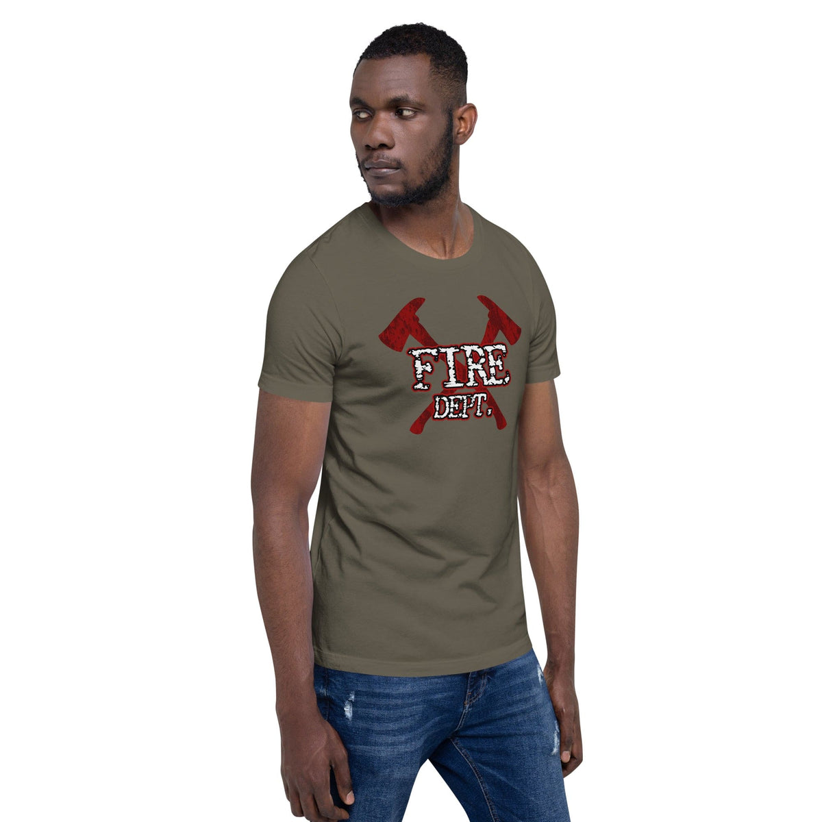 Army olive firefighter axes T-shirt with red crossed axes and white “FIRE DEPT.” print