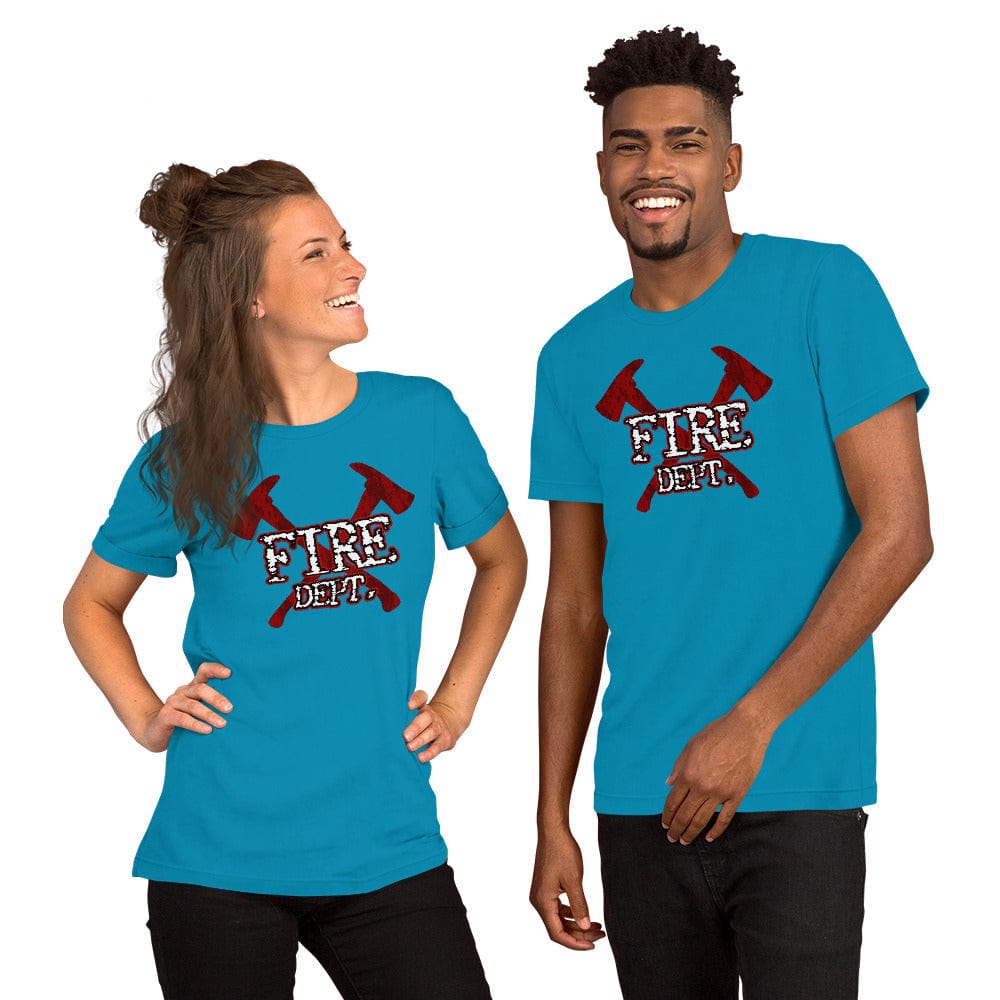 Aqua firefighter axes T-shirt with red crossed axes and white “FIRE DEPT.” graphic
