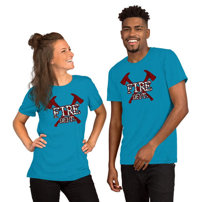 Aqua firefighter axes T-shirt with red crossed axes and white “FIRE DEPT.” graphic