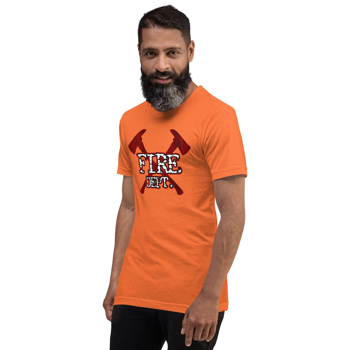 Orange firefighter axes T-shirt with red crossed axes and white “FIRE DEPT.” print