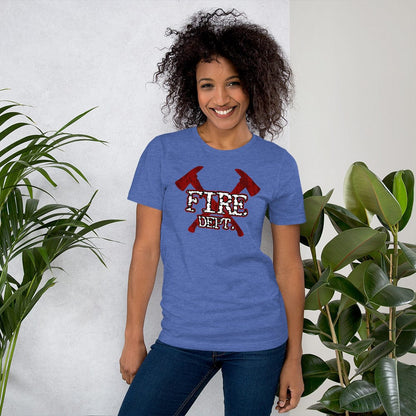 Royal blue firefighter axes T-shirt with red crossed axes and white “FIRE DEPT.” logo