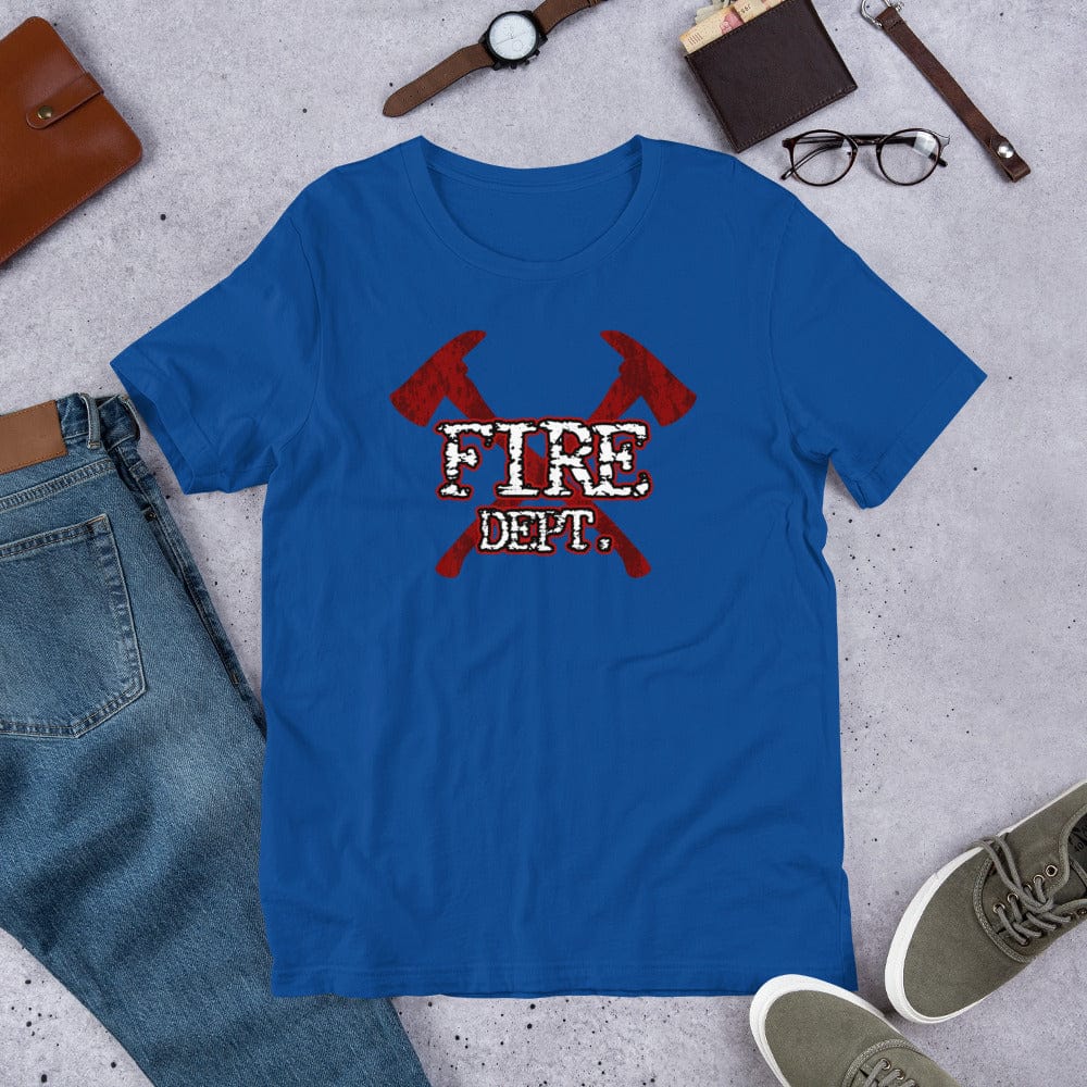 Royal blue T-shirt with red axes and FIRE DEPT graphic