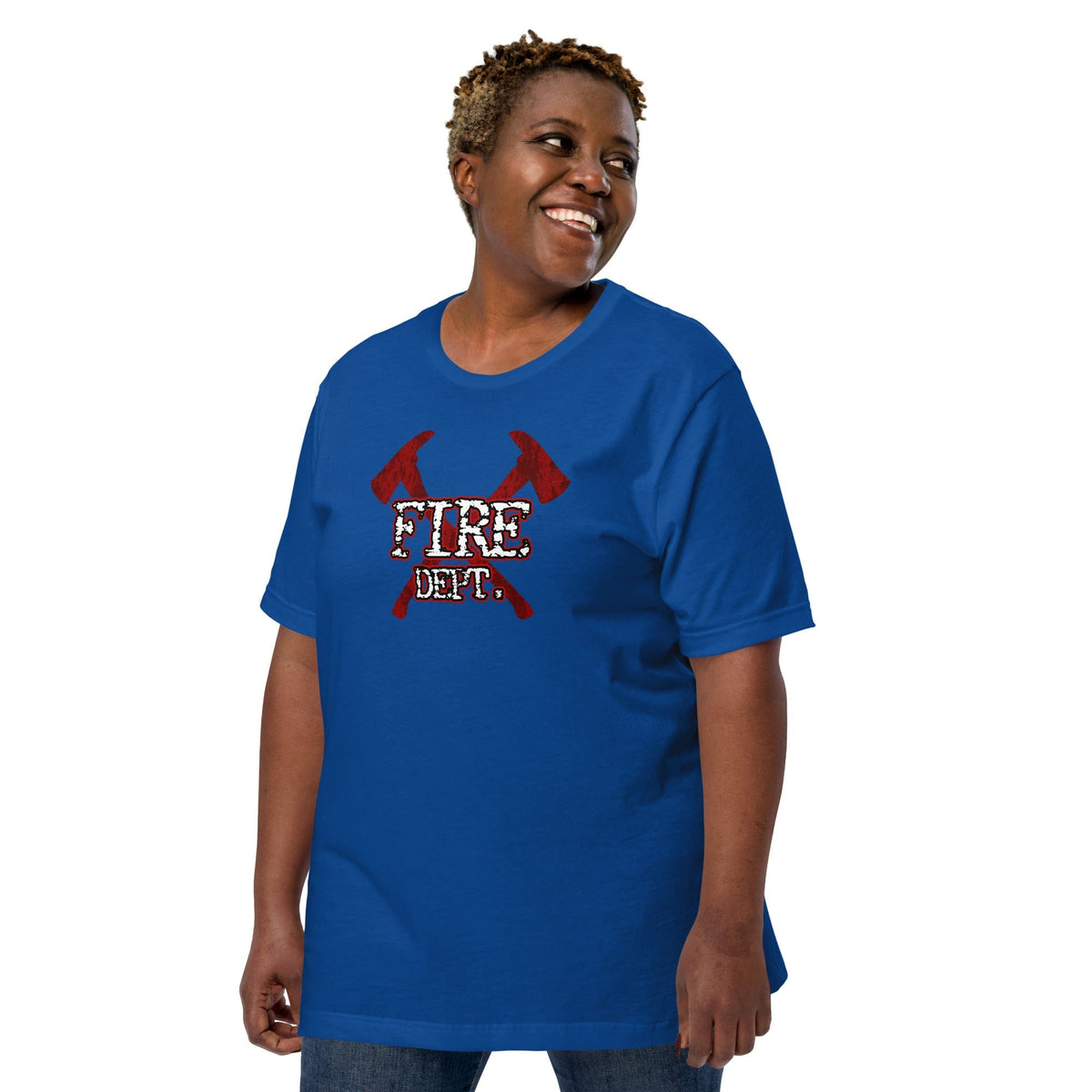 Royal blue T-shirt with red axes and FIRE DEPT graphic