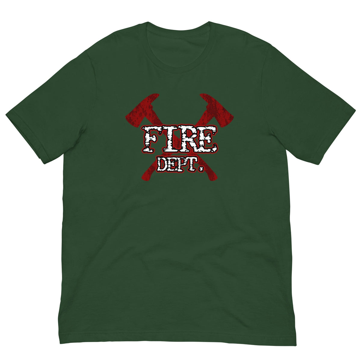 Forest green T-shirt with red axes and FIRE DEPT graphic