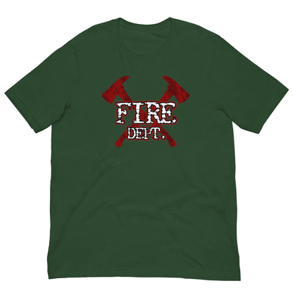 Forest green T-shirt with red axes and FIRE DEPT graphic