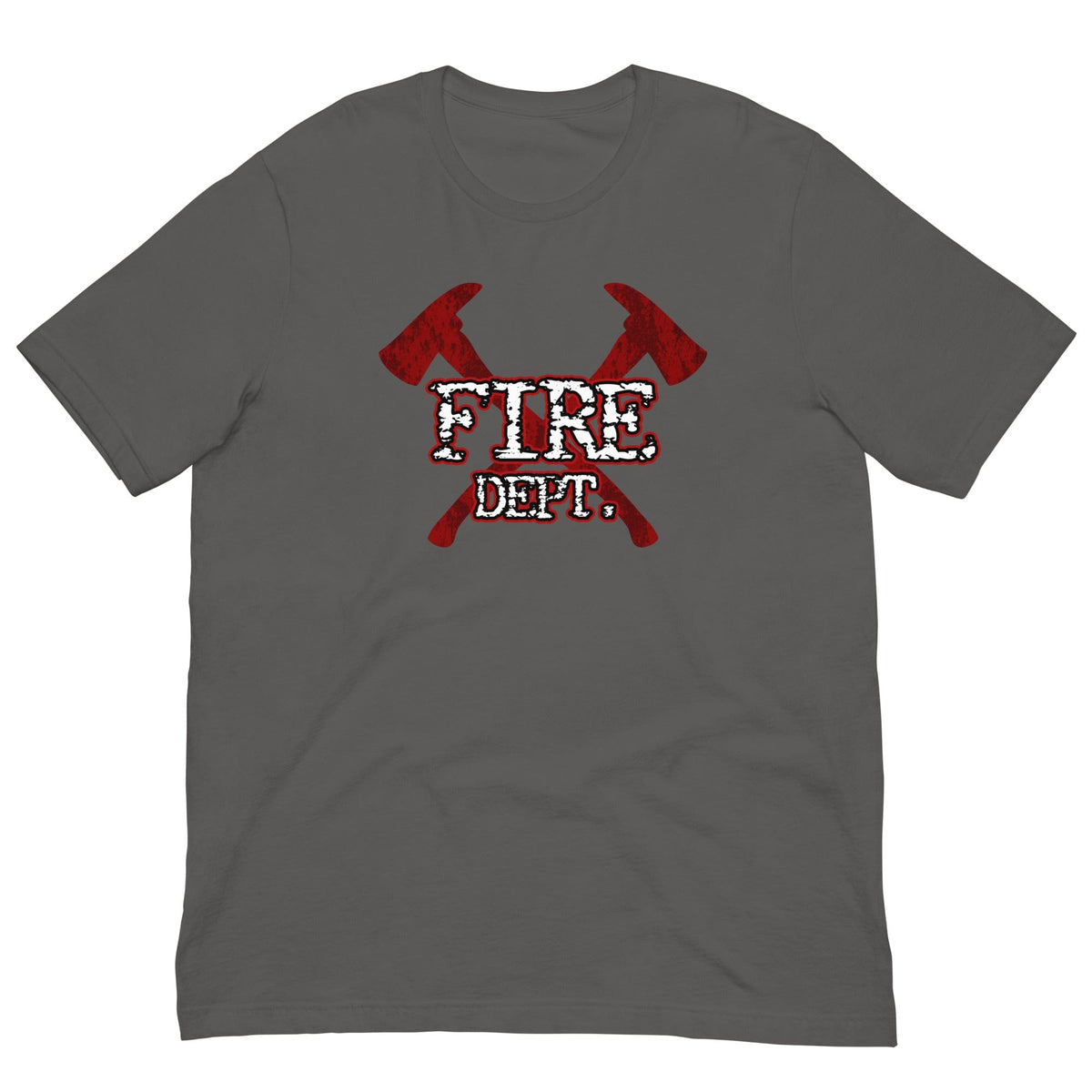 Dark gray firefighter T-shirt with red crossed-axes graphic and 'FIRE DEPT' text