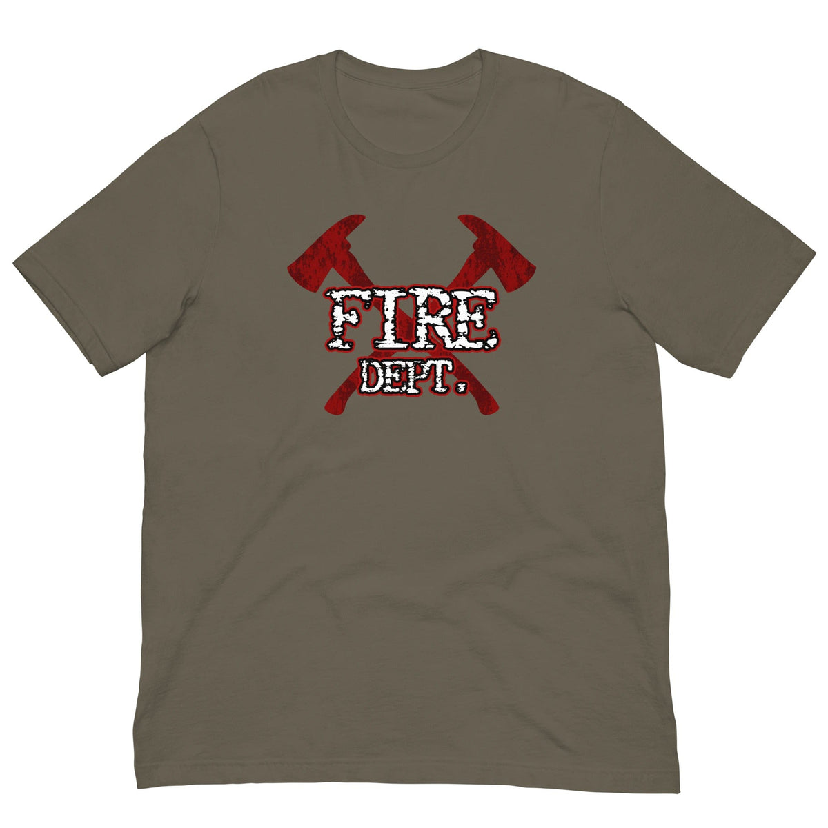 Olive brown firefighter T-shirt with red crossed-axes graphic and 'FIRE DEPT' text