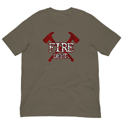Olive brown firefighter T-shirt with red crossed-axes graphic and 'FIRE DEPT' text