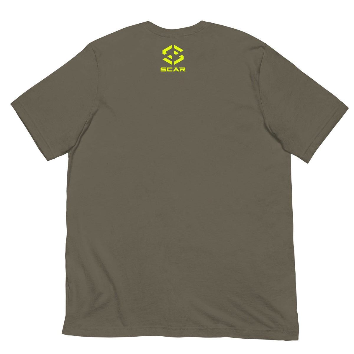 Taupe T-shirt with small yellow SCAR logo on chest