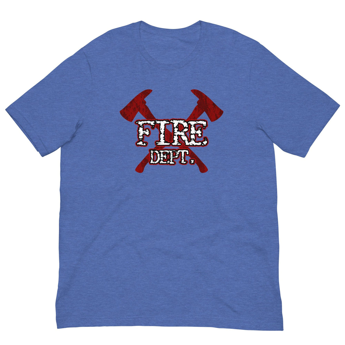 Medium blue firefighter T-shirt with red crossed-axes graphic and 'FIRE DEPT' text