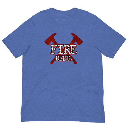 Medium blue firefighter T-shirt with red crossed-axes graphic and 'FIRE DEPT' text
