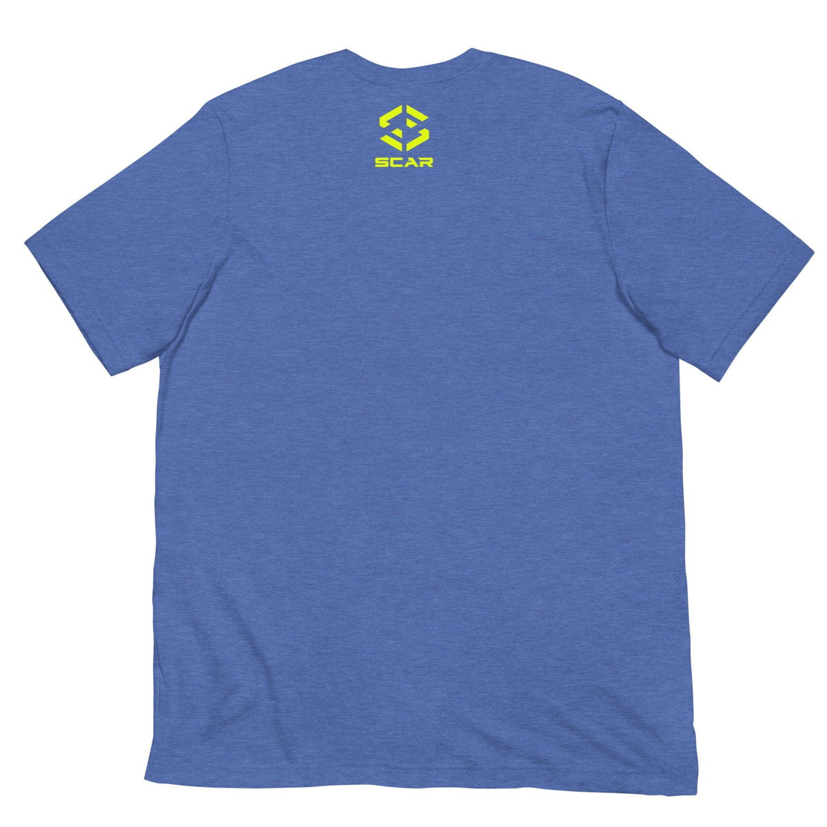 Periwinkle blue T-shirt with small yellow SCAR logo on chest